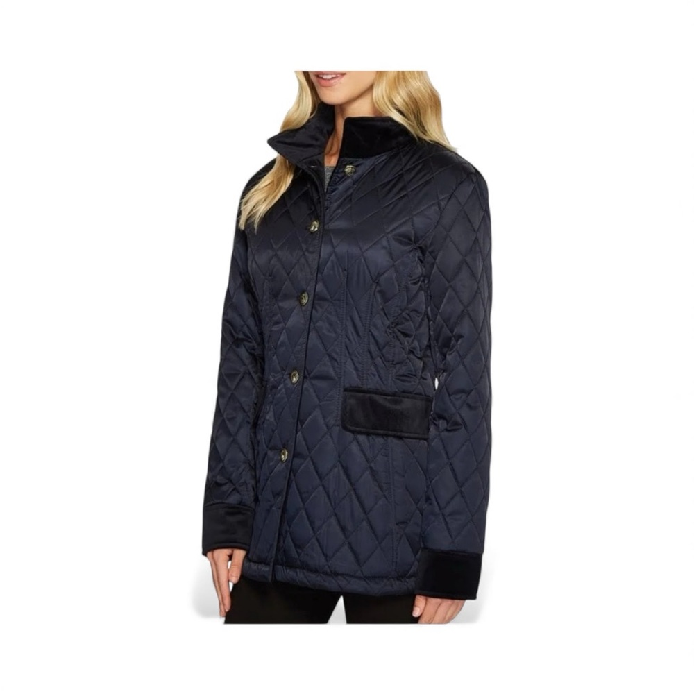 VINCE CAMUTO Navy Quilted Velvet Trim Lined Jacket Gold Buttons Pockets EUC L - Picture 2 of 12
